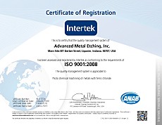 ISO Certification for AME, leading metal etching and photochemical etching company.